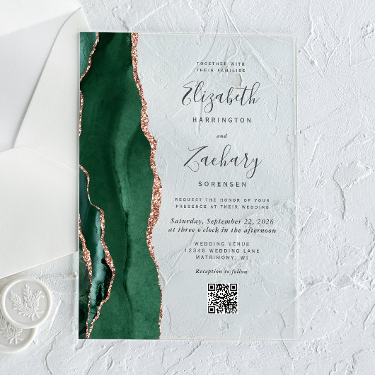 Emerald Green Rose Gold Agate QR Code Wedding Acryl Uitnodigingen