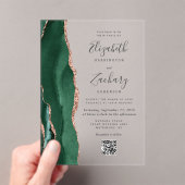 Emerald Green Rose Gold Agate QR Code Wedding Acryl Uitnodigingen (Insitu (Draagbaar))