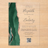 Emerald Green Rose Gold Agate QR Code Wedding Acryl Uitnodigingen (Voorkant)
