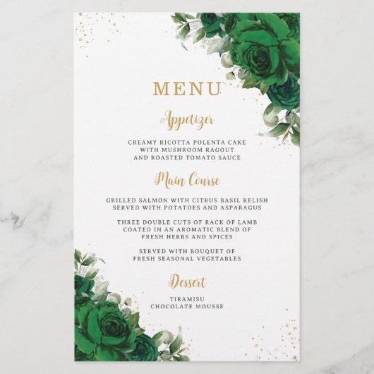 Emerald Green Roses Floral Flowers Menu Sheet  (Voorkant)