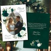 Emerald Green Roses Oval Photo Elegant Wedding Bedankkaart