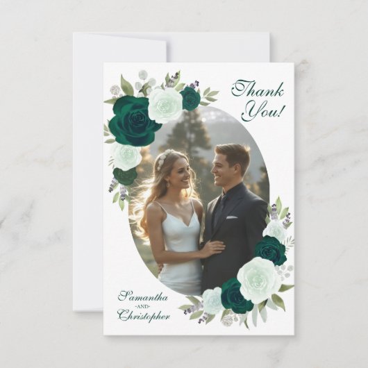 Emerald Green Roses Oval Photo Elegant Wedding Bedankkaart (Voorkant)
