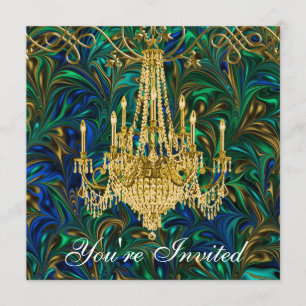 Emerald Green Royal Blue Gold Chandelier Party Kaart