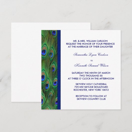 Emerald Green Royal Blue Pauw bruiloft Kaart (Voorkant / Achterkant)