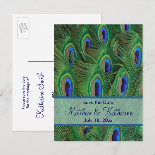 Emerald Green Royal Blue Peacock Feathers Bruiloft Aankondigingskaart (Voorkant / Achterkant)