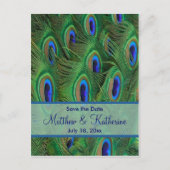 Emerald Green Royal Blue Peacock Feathers Bruiloft Aankondigingskaart (Voorkant)