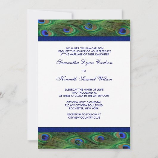 Emerald Green Royal Blue Peacock Feathers Bruiloft Kaart (Voorkant)