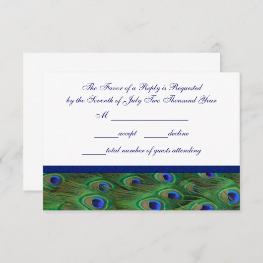 Emerald Green Royal Blue Peacock Feathers Bruiloft RSVP Kaartje (Voorkant / Achterkant)