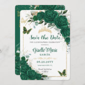 Emerald Green Rozen Floral Quinceañera Butterflies Save The Date (Voorkant / Achterkant)