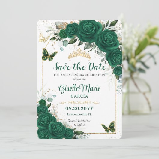 Emerald Green Rozen Floral Quinceañera Butterflies Save The Date (Staand voorkant)