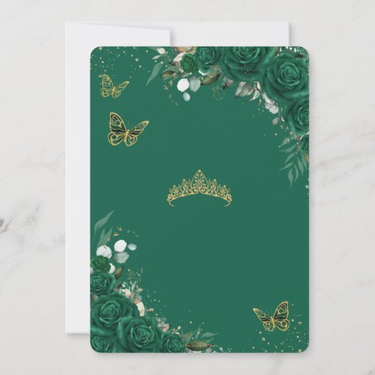 Emerald Green Rozen Floral Quinceañera Butterflies Save The Date (Achterkant)