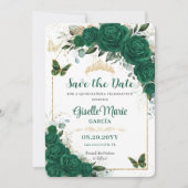 Emerald Green Rozen Floral Quinceañera Butterflies Save The Date (Voorkant)