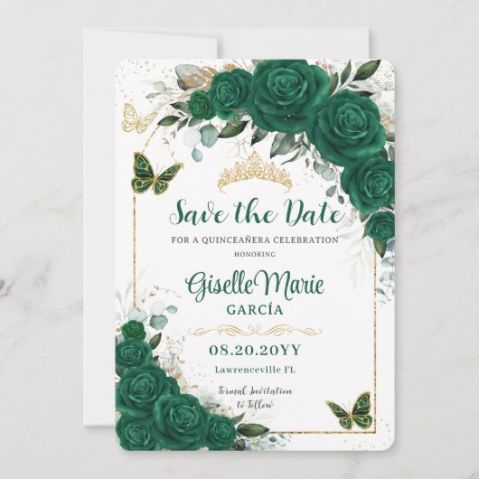 Emerald Green Rozen Floral Quinceañera Butterflies Save The Date (Voorkant)