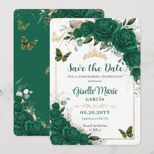 Emerald Green Rozen Floral Quinceañera Butterflies Save The Date