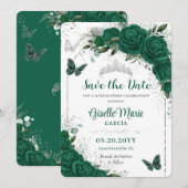Emerald Green Rozen Floral Quinceañera Butterflies Save The Date (Voorkant / Achterkant)