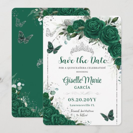Emerald Green Rozen Floral Quinceañera Butterflies Save The Date (Voorkant / Achterkant)