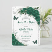 Emerald Green Rozen Floral Quinceañera Butterflies Save The Date (Staand voorkant)