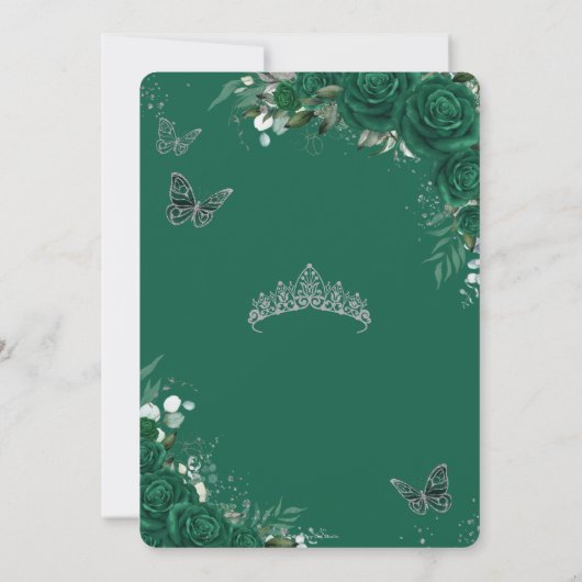 Emerald Green Rozen Floral Quinceañera Butterflies Save The Date (Achterkant)