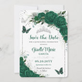 Emerald Green Rozen Floral Quinceañera Butterflies Save The Date (Voorkant)