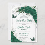 Emerald Green Rozen Floral Quinceañera Butterflies Save The Date<br><div class="desc">Pas deze mooie quinceañera / verjaardag aan met een eigen tekst die eenvoudig en snel kan worden aangepast. Druk op de knop Aanpassen om de stijl en plaatsing van de tekst verder te herschikken en te formatteren. Overeenkomende objecten in de winkel! c) De Happy Cat Studio</div>