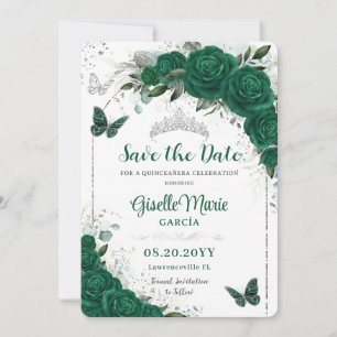 Emerald Green Rozen Floral Quinceañera Butterflies Save The Date