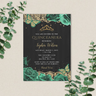 Emerald Green Rozen Gold Lace Quinceañera Kaart