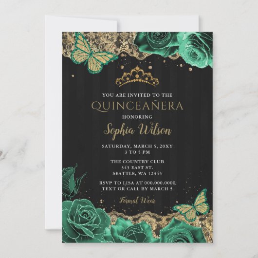  Emerald Green Rozen Gold Lace Quinceañera Kaart (Voorkant)