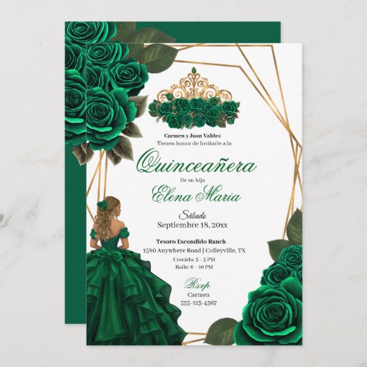 Emerald Green Rozen Gold Quinceañera Kaart (Voorkant / Achterkant)