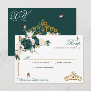 Emerald Green Rozen Gold Tiara Quinceanera RSVP Kaartje