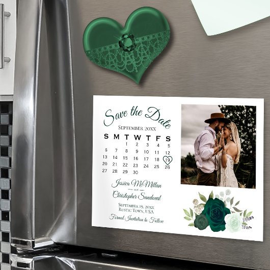 Emerald Green Rozen Kalender & Foto Opslaan van de Magnetische Uitnodiging