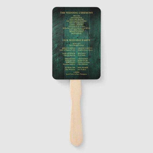 Emerald Green Rustic Barn Wood Huwelijksprogramma Handwaaier (Achterkant)
