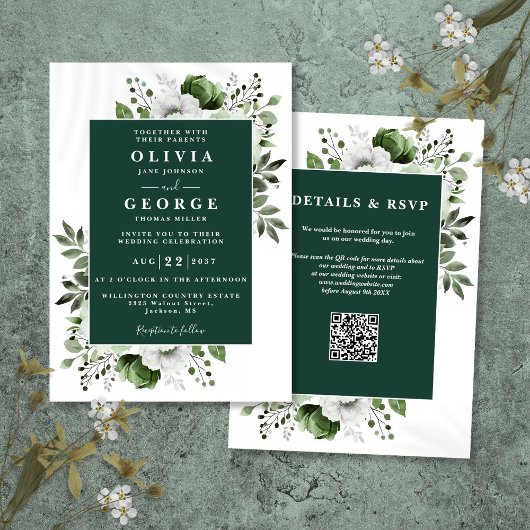 Emerald Green Rustic Floral QR Code Huwelijk Kaart