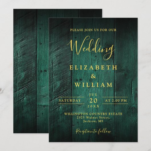 Emerald Green Rustieke Boho Schuur Hout Huwelijk Kaart (Voorkant / Achterkant)