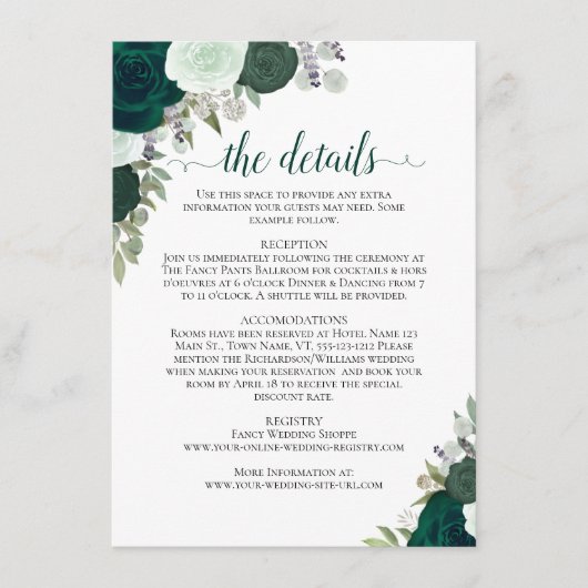 Emerald Green & Sage Rozen Rustieke bruiloft Detai Informatiekaartje (Voorkant)