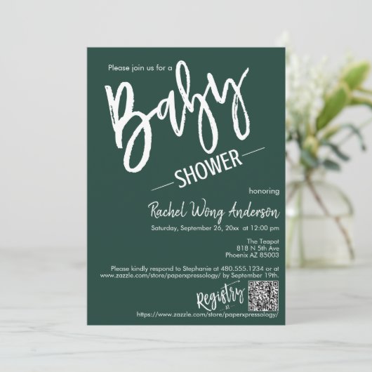 Emerald Green Script Baby shower QR Code Foto Kaart (Staand voorkant)