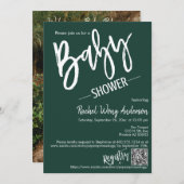 Emerald Green Script Baby shower QR Code Foto Kaart (Voorkant / Achterkant)