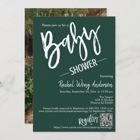 Emerald Green Script Baby shower QR Code Foto Kaart (Voorkant / Achterkant)