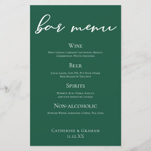 Emerald Green Script Forest Wedding Bar Menu (Voorkant)