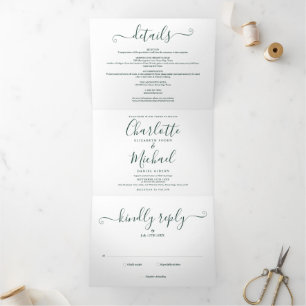 Emerald Green Script Minimalist Photo Wedding Drieluik Uitnodiging