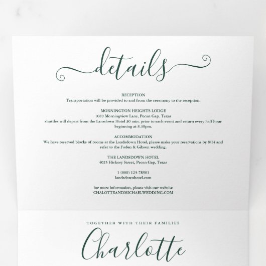 Emerald Green Script Minimalistische Trouwfoto Drieluik Uitnodiging (Binnenzijde eerst)