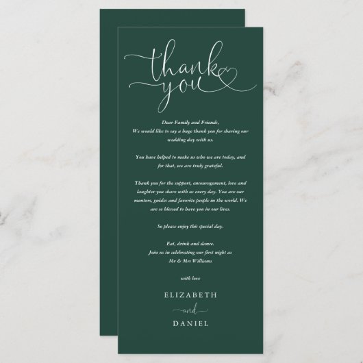 Emerald Green Script Wedding Bedankt Place Card Menu (Voorkant / Achterkant)