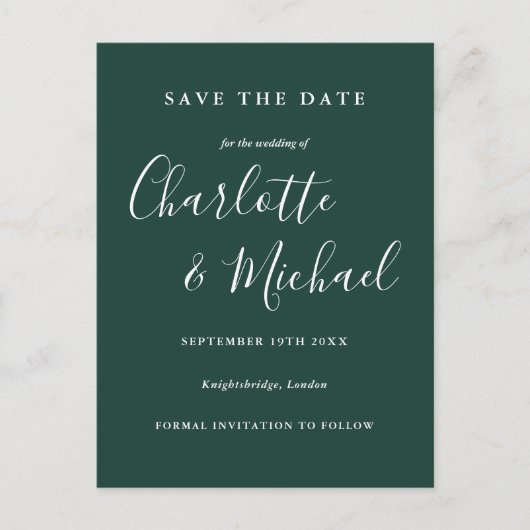 Emerald Green Script Wedding Save the Date Card Briefkaart (Voorkant)