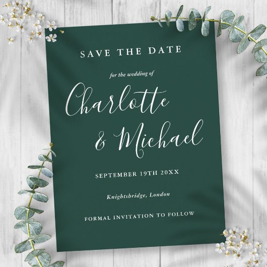Emerald Green Script Wedding Save the Date Card Briefkaart