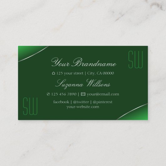 Emerald Green Shimmery Silver Border met Monogram Visitekaartje (Achterkant)