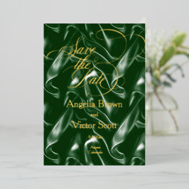 Emerald Green Silk Calligraphy Save the Date Folie Uitnodiging