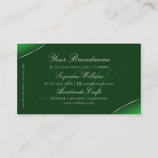 Emerald Green Silver Border met Monogram Stijlvol Visitekaartje (Achterkant)