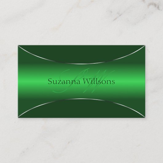 Emerald Green Silver Border met Monogram Stijlvol Visitekaartje (Voorkant)