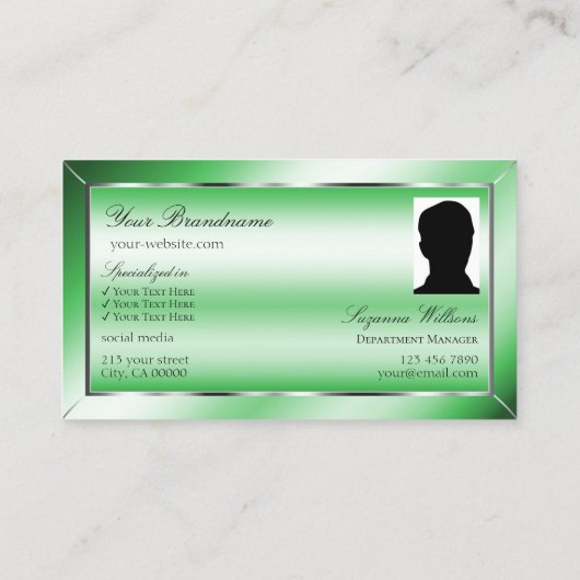 Emerald Green Silver Decor met Monogram en Foto Visitekaartje (Achterkant)