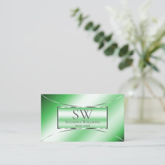 Emerald Green Silver Decor met Monogram en Logo Visitekaartje (Staand voorkant)