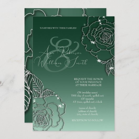 Emerald Green Silver Elegant Wedding Invitation Kaart (Voorkant / Achterkant)